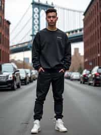 sharp and trendy man in New York City wearing an oversized sweatshirt and high top sneakers, Brooklyn Bridge in the background