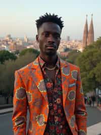 sharp and trendy man in Barcelona wearing a flamenco-inspired dress/suit, Park Güell in the background
