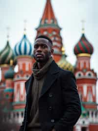 sharp and trendy man in Moscow wearing a stylish coat and scarf, Saint Basil's Cathedral in the background