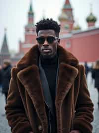 sharp and trendy man in Moscow wearing a faux fur coat, Kremlin in the background