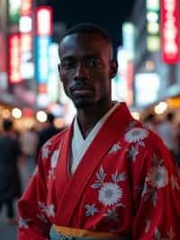 sharp and trendy man in Tokyo wearing a modern take on a traditional kimono, neon lights of the city in the background