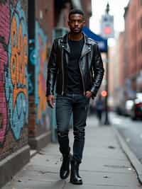 sharp and trendy man in New York City wearing a leather jacket, jeans, and boots with urban graffiti in the background