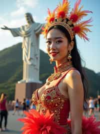 stylish and chic  woman in Rio de Janeiro wearing a vibrant carnival-inspired costume, Christ the Redeemer statue in the background