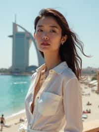 stylish and chic  woman in Dubai wearing a stylish sundress/linen shirt, the Atlantis hotel in the background