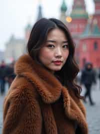 stylish and chic  woman in Moscow wearing a faux fur coat, Kremlin in the background