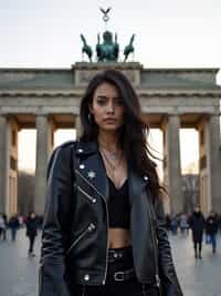stylish and chic  woman in Berlin wearing a punk-inspired outfit, Brandenburg Gate in the background