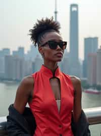 stylish and chic  woman in Shanghai wearing a traditional qipao/mandarin-collar suit, modern skyline in the background