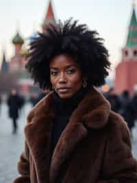 stylish and chic  woman in Moscow wearing a faux fur coat, Kremlin in the background