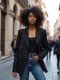 stylish and chic  woman in Milan wearing a fashionable blazer and jeans, Duomo di Milano in the background