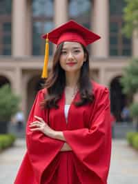 a graduate woman in their academic regalia, standing in front of their university building