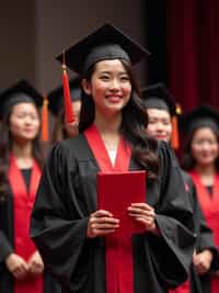 a graduate woman in their academic gown at stage to receive their diploma