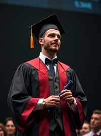 a graduate man in their academic gown at stage to receive their diploma