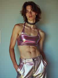 man wearing Y2K aesthetic, 2000s fashion, aughts style, noughties style, grunge or 2000s style, oversized washed out style, baggy pants, low rise pants or cargo pants, crop top, Choker, Metallic, iridescent fabrics, posing for photo