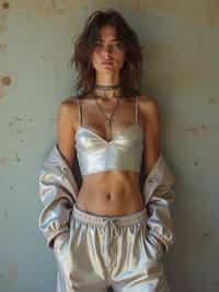 man wearing Y2K aesthetic, 2000s fashion, aughts style, noughties style, grunge or 2000s style, oversized washed out style, baggy pants, low rise pants or cargo pants, crop top, Choker, Metallic, iridescent fabrics, posing for photo