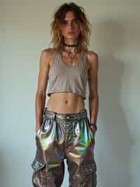 man wearing Y2K aesthetic, 2000s fashion, aughts style, noughties style, grunge or 2000s style, oversized washed out style, baggy pants, low rise pants or cargo pants, crop top, Choker, Metallic, iridescent fabrics, posing for photo