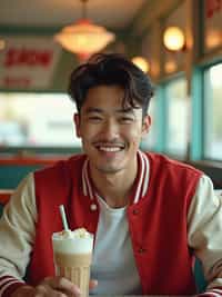 man in retro 1950s diner photo shoot. one milkshake in front. man wearing varsity bomber