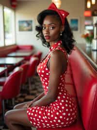 woman in retro 1950s diner photo shoot. posing in front of red 1950s barstools.  woman wearing 1950s pin up dress and 1950s red hair tie. white interior with red seats and black and white flooring.