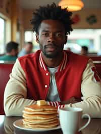 man in retro 1950s diner photo shoot. stack of pancakes and one coffee mug in front. man wearing varsity bomber