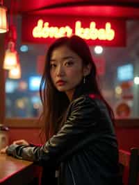woman sitting at an indoor Doner Kebab Takeaway Restaurant at night. the woman wears black leather jacket. neon light say "döner kebab" in caps.