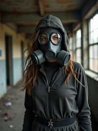 woman wearing black gas mask in abandoned rusty Chernobyl.