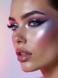 close-up of Futuristic makeup with metallic eyeshadow and sharp contouring. set against a soft, pastel background
