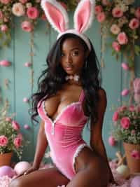 Model wearing (naughty bunny) (sexy Easter costume) (velvet bodysuit) (bunny ears) with a festive spring backdrop full of blooming flowers and Easter decorations.