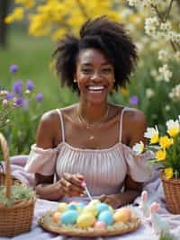 A woman having a fun Easter picnic, with decorated eggs, baskets, and spring flowers in the background.