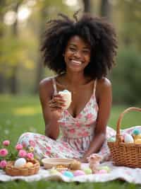 A woman having a fun Easter picnic, with decorated eggs, baskets, and spring flowers in the background.