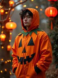 A man wearing a pumpkin-themed costume, standing beside a decorated Halloween tree and festive lanterns.