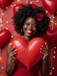 A playful woman posing with giant heart decorations, surrounded by roses and festive Valentine's lights.