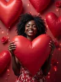 A playful woman posing with giant heart decorations, surrounded by roses and festive Valentine's lights.