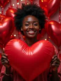 A playful woman posing with giant heart decorations, surrounded by roses and festive Valentine's lights.