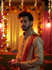 A man standing near a beautifully decorated Diwali backdrop with hanging lights, flowers, and diyas, exuding the festive spirit in a traditional dress.