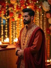 A man standing near a beautifully decorated Diwali backdrop with hanging lights, flowers, and diyas, exuding the festive spirit in a traditional dress.