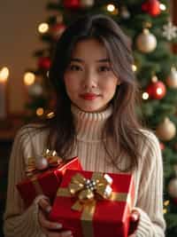 a woman posing in front of a christmas tree, holding presents, with snowflakes and festive lights in the background.