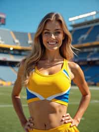 front view of woman smiling directly at camera. the woman wears a yellow cheerleading outfit featuring a crop top matching blue and white pleated skirt. the top has a cut-out design below the bust. dynamic and energetic pose, stadium background, vibrant lighting