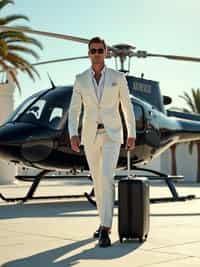 Full-body shot of a man stepping confidently away from a sleek, black helicopter on a luxurious helipad. The man is wearing  a tailored white suit with sunglasses, polished dress shoes and a stylish suitcase. The backdrop features a clear sky, palm trees, and a luxurious architectural setting, emphasizing a high-end, elite lifestyle. Dramatic sunlight enhances the glamorous scene