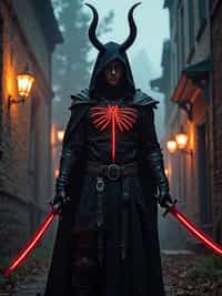 cosplayer man in a Halloween-themed cosplay, haunted house backdrop, wearing  a demon hunter costume with glowing runes, spooky lighting and props