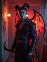 cosplayer man in a Halloween-themed cosplay, haunted house backdrop, wearing  a demon hunter costume with glowing runes, spooky lighting and props