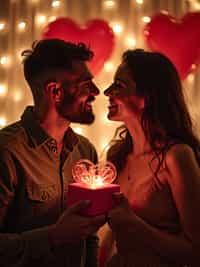 a man celebrating valentine's day, exchanging gifts and having fun in a cozy, heart-filled setting.