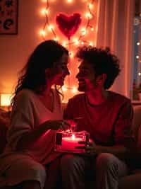 a man celebrating valentine's day, exchanging gifts and having fun in a cozy, heart-filled setting.