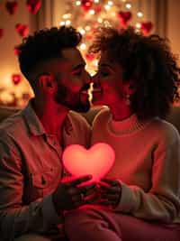 a man celebrating valentine's day, exchanging gifts and having fun in a cozy, heart-filled setting.