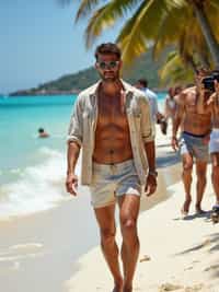 A celebrity spotted by paparazzi at a luxury beach resort, walking along the shoreline in  designer swim trunks with a loose button-up shirt. The sun glows on their skin as they glance over at the cameras, maintaining a cool and confident expression. The backdrop features a turquoise ocean, soft white sand, and palm trees swaying in the breeze, creating a perfect vacation scene.
