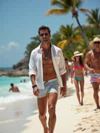 A celebrity spotted by paparazzi at a luxury beach resort, walking along the shoreline in  designer swim trunks with a loose button-up shirt. The sun glows on their skin as they glance over at the cameras, maintaining a cool and confident expression. The backdrop features a turquoise ocean, soft white sand, and palm trees swaying in the breeze, creating a perfect vacation scene.
