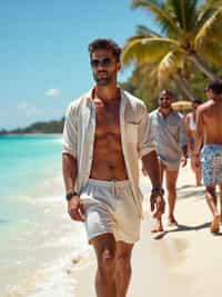 A celebrity spotted by paparazzi at a luxury beach resort, walking along the shoreline in  designer swim trunks with a loose button-up shirt. The sun glows on their skin as they glance over at the cameras, maintaining a cool and confident expression. The backdrop features a turquoise ocean, soft white sand, and palm trees swaying in the breeze, creating a perfect vacation scene.