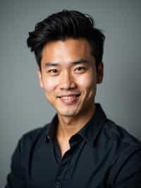 A professional actor headshot of a confident man, taken in a well-lit studio with a plain backdrop. The man is dressed in  a fitted dark-colored shirt with neatly styled hair. The lighting is soft and even, highlighting their facial features with a natural and approachable expression. The focus is sharp, capturing the man's eyes and subtle smile, creating a perfect headshot for auditions and casting calls.