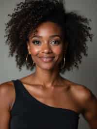 A comedic actor headshot featuring a subtle smirk and expressive eyes, taken in a well-lit professional studio. The woman is dressed in a sleek top with a bit of personality, styled hair, and a confident gaze . The background is neutral, ensuring the subject stands out. The lighting highlights natural features, capturing an inviting and charismatic presence, perfect for comedy auditions, film roles, and industry portfolios.