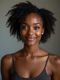 A comedic actor headshot featuring a subtle smirk and expressive eyes, taken in a well-lit professional studio. The woman is dressed in a sleek top with a bit of personality, styled hair, and a confident gaze . The background is neutral, ensuring the subject stands out. The lighting highlights natural features, capturing an inviting and charismatic presence, perfect for comedy auditions, film roles, and industry portfolios.