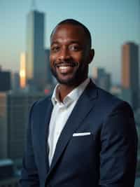 8k professional headshot of man, crisp details, studio backdrop, executive attire, confident posture, neutral expression, high-definition, corporate setting, sharp focus, ambient lighting, business professional, cityscape view