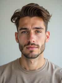 A professional photography man headshot of a confident man, taken in a well-lit studio with a clean, neutral backdrop. The man is dressed in  a fitted, neutral-colored crewneck shirt with neatly styled hair, ensuring a polished yet natural look. The lighting is soft and even, accentuating the man’s bone structure, skin texture, and striking features. The focus is sharp, with a clear emphasis on the man\'s eyes and subtle expression, creating the perfect headshot for agency submissions, portfolio updates, and professional branding in fashion and commercial maning.